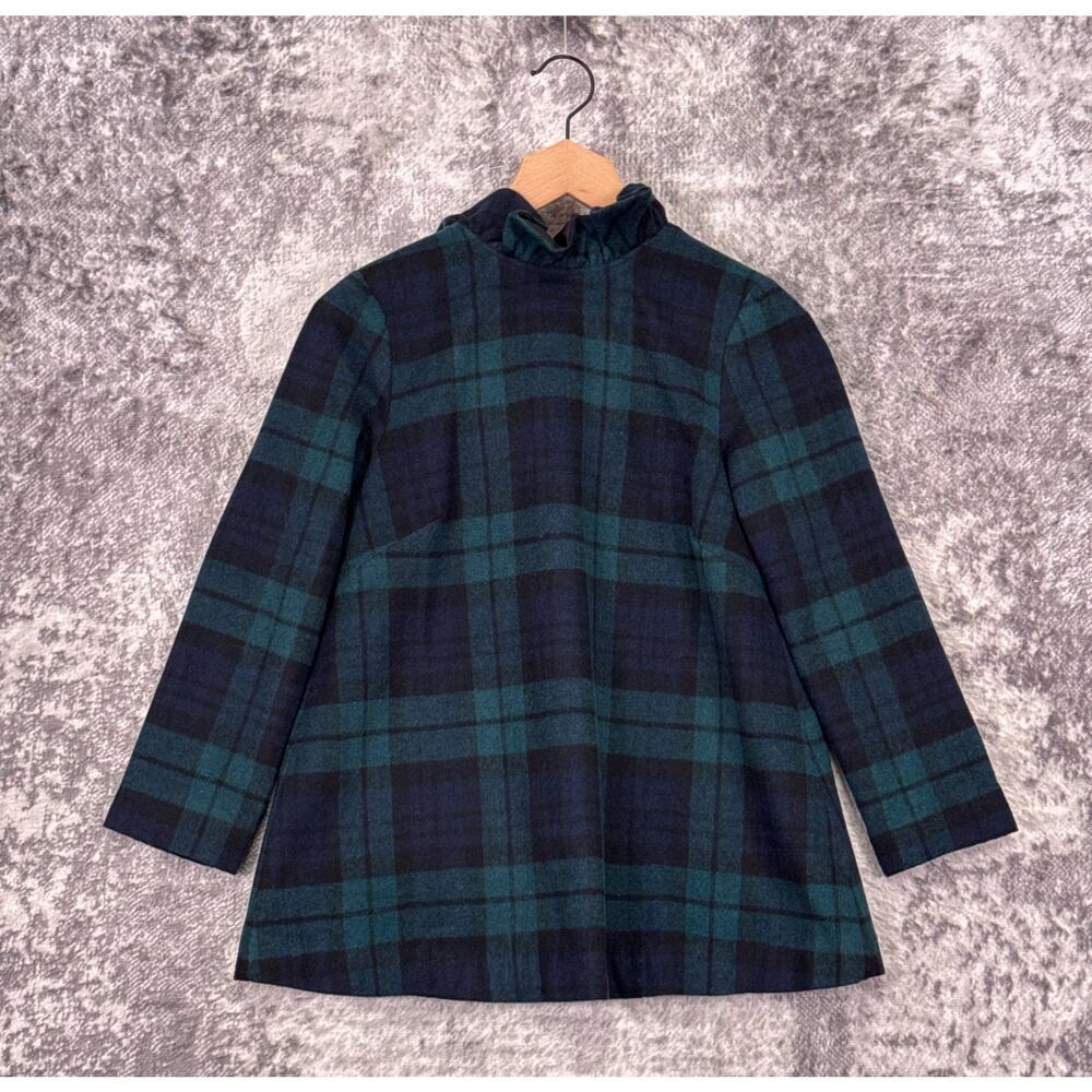 Tuckernuck Navy and Green Plaid Ruffle Neck Blouse